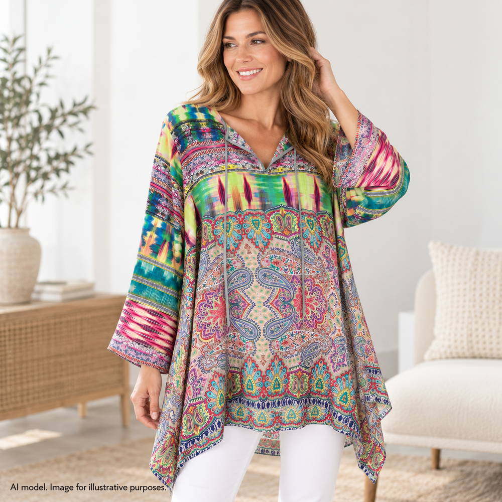 Johnny Was Blouse Top Womens Large Multicolor Silk Paisley Boho Tunic Print